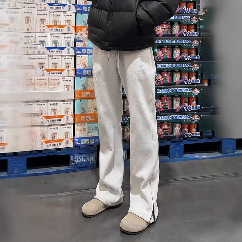 White Floral Gray Curved Blade Sweatpants Men's Spring and Autumn American Straight Cut Casual Pants Outdoor Side Zipper Flared Pants