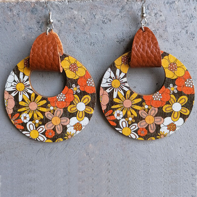 Casual Bohemian Round Flower Leopard Pu Leather Wood Steel Hollow Out Women's Drop Earrings display picture 4