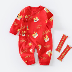 嬰兒衣服大紅色純棉無骨拜年服滿月服春秋季款式新生兒連體衣爬服