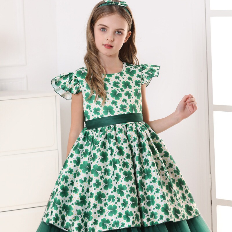 Girls' dress green four-leaf clover Easter Irish Festival St. Parrick holiday dress cross-border exclusive