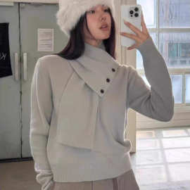 现货2025冬季新韩国东大门温柔纯色针织衫围巾可拆卸真两件毛衣女