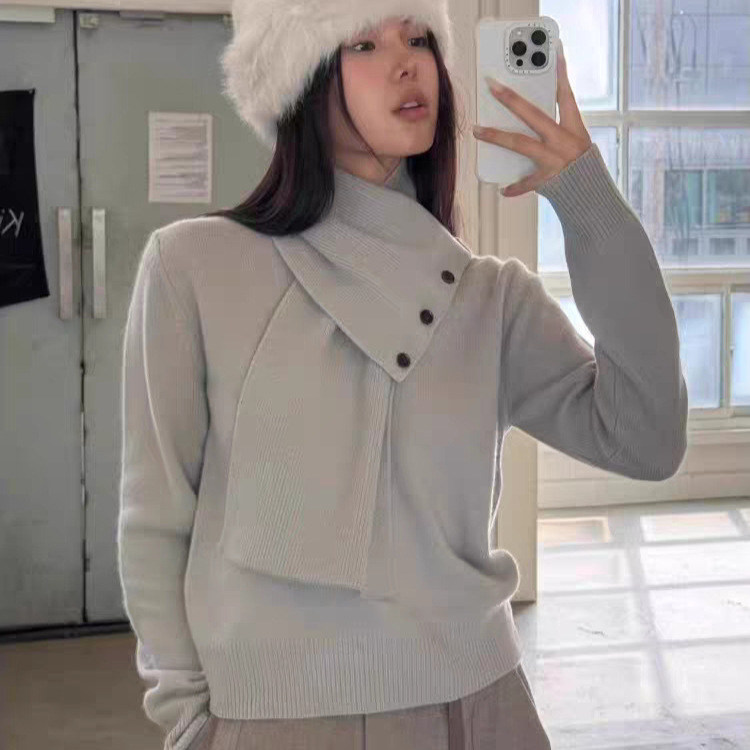 In Stock 2025 Winter New Korean Dongdaemun Gentle Solid Color Knit Sweater Scarf Detachable Two-Piece Sweater for Women