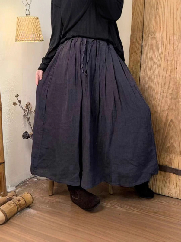 高端秋季新款女装复古休闲百搭捏摺版色织带里衬纯亚麻半身裙|undefined
