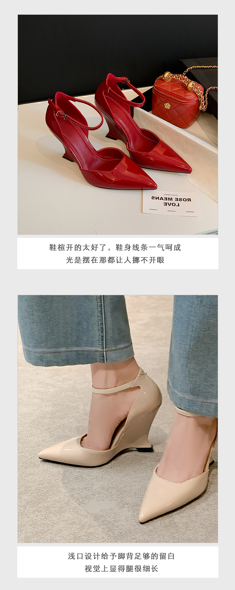 Giày sandal cao gót nữ mũi nhọn quai ngang chất liệu da bò sơn cao cấp, gót xuồng 9 cm — màu đen, màu trắng, màu mơ, màu đỏ chi tiết 7