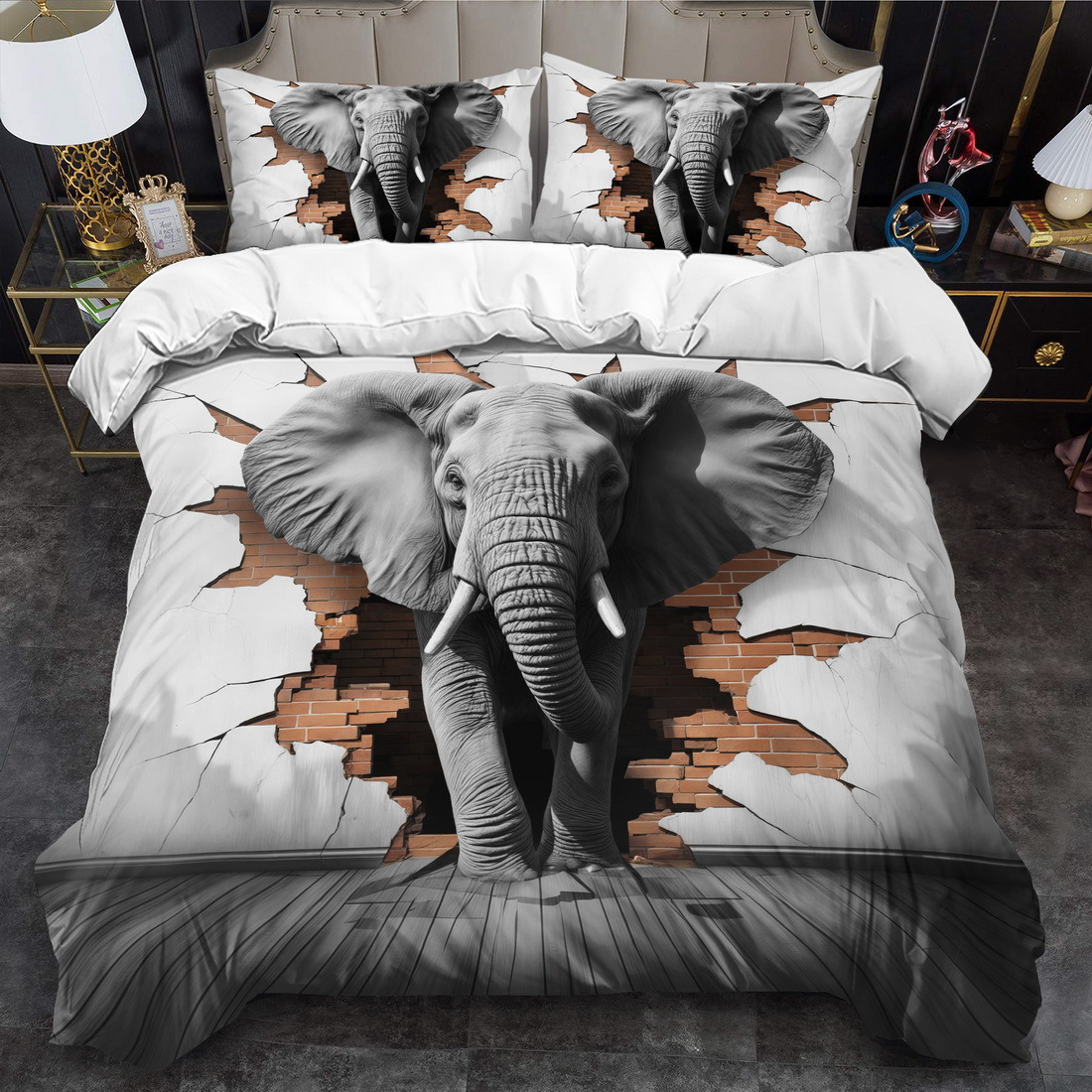 TEMU / JIT impresión digital abrasión oscuro elefante estilo animal set edredón para diseñar