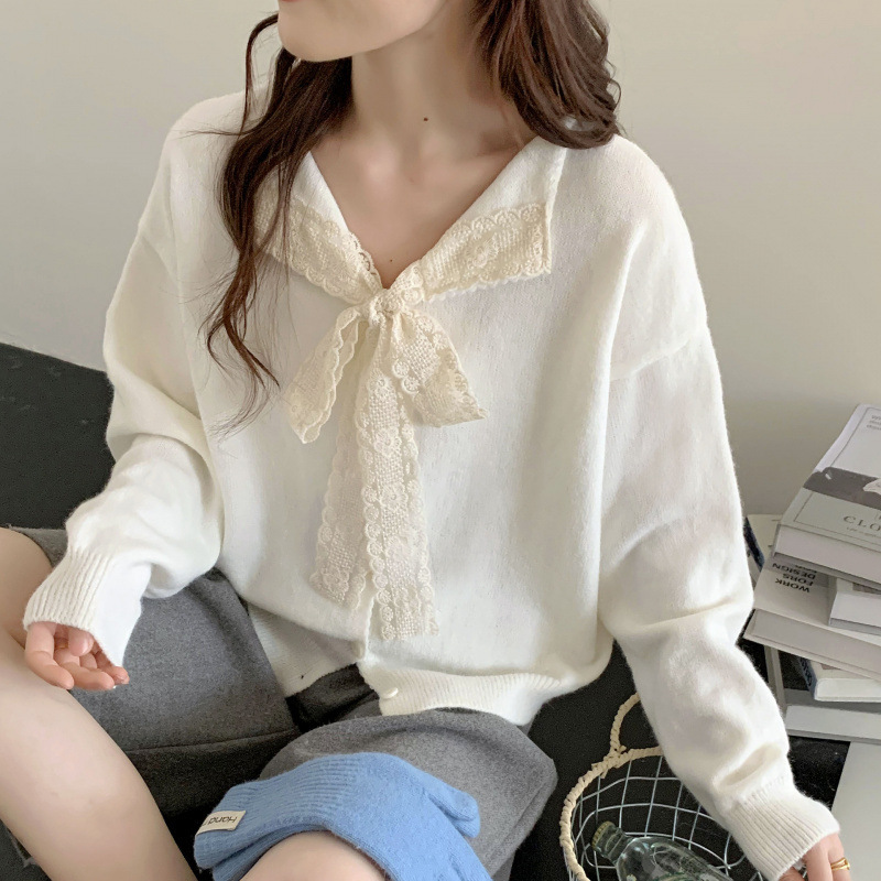 KANING蕾丝系带设计感针织开衫2025秋季新款女装纯色宽松毛衣外套|undefined