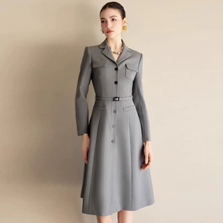 AD气场全开职业连衣裙女时尚小翻领灰色中长款女裙西服裙春季新款