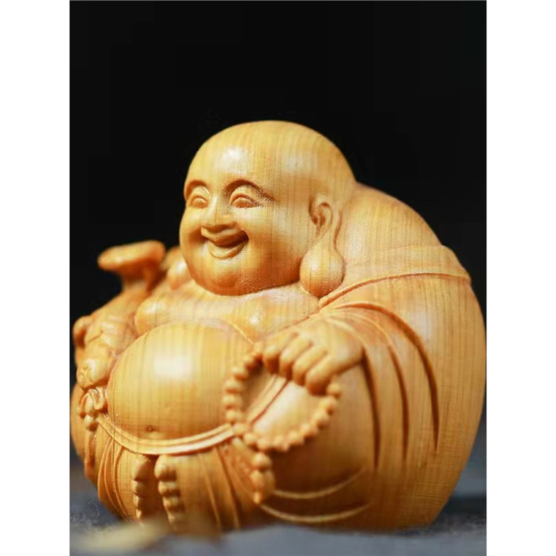 「団結」クスノキの木彫り笑い弥勒仏無垢材ハンドピース工芸品彫刻人物装飾品|undefined