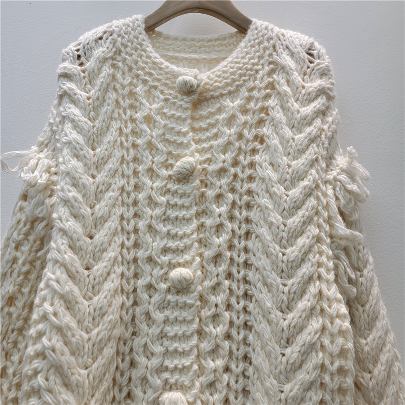 Productos europeos retrógrados franceses mano gruesa aguja de cuello redondo torsión jersey cardigán chaqueta tridimensional suéter con bordas chaqueta image 3