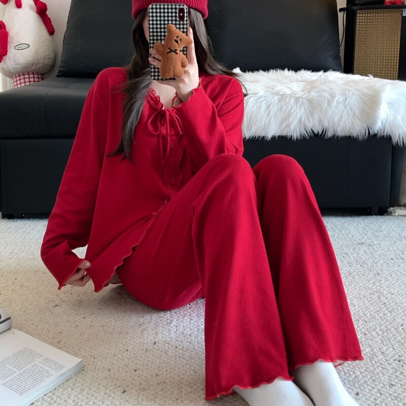 Red Pajamas for Women in Their Zodiac Year, Autumn and Winter Lace V-Neck Long-Sleeved High-End Wool Cardigan Home Wear Set