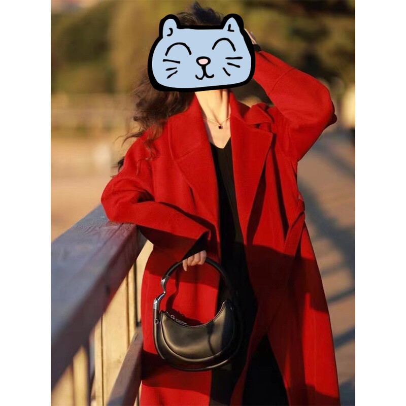 Sicilian Anna Same Style Lazy Coat Wedding Red Double-sided Cashmere Coat Slim Look Wool Coat Women