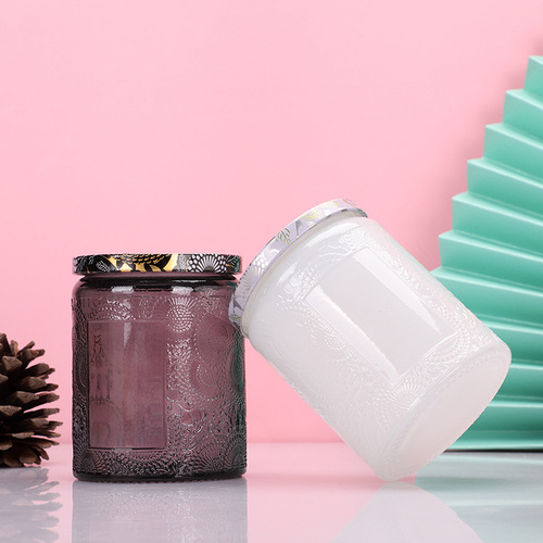 250ml Round Engraved Candle Holder DIY Romantic Decor Candle Container Colorful Glass Candle Cup with Lid