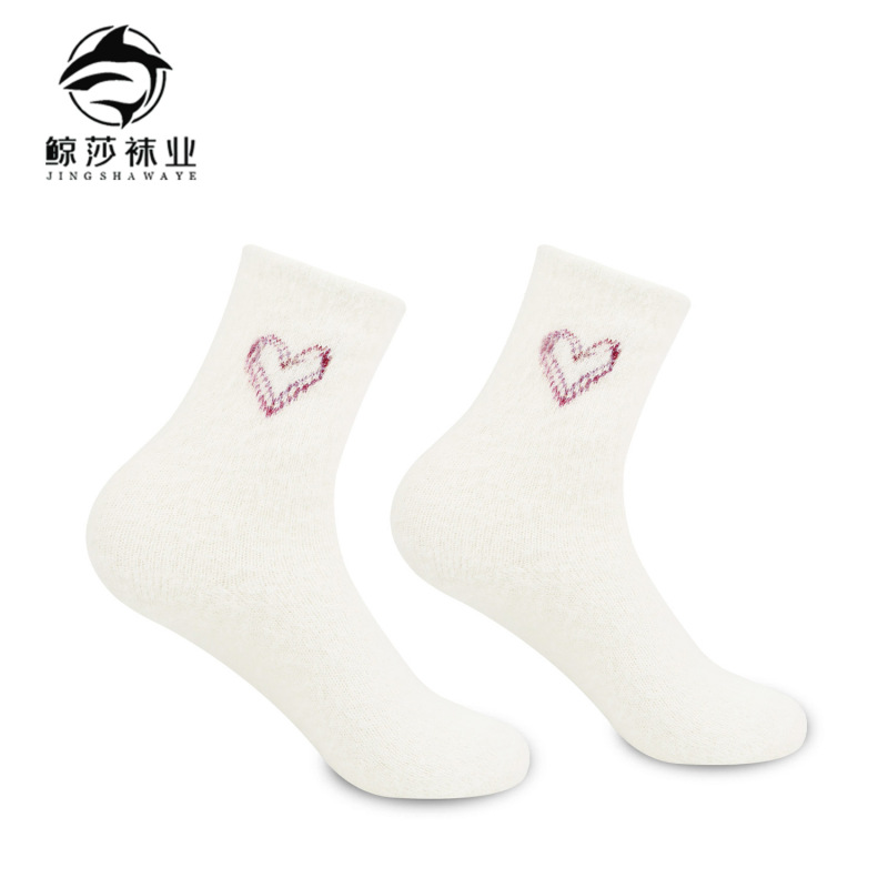 白色水貂绒袜子女秋冬加绒加厚保暖居家可爱心形黑色珊瑚绒睡眠袜|undefined