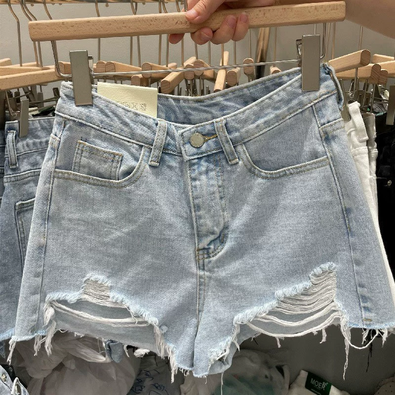 Джинсовые шорты (женские) A-силуэт корейский стиль, плюс-сайз, distressed края