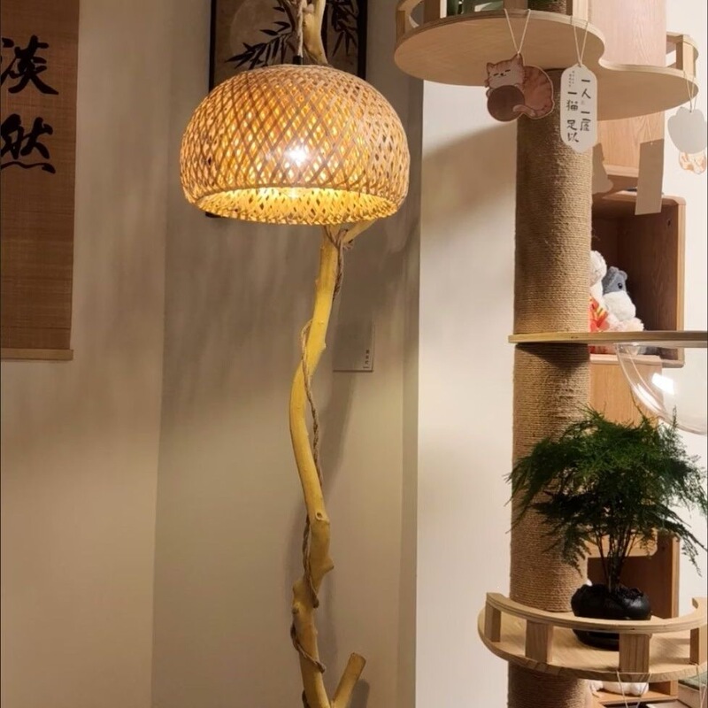 Rustic Vintage Bamboo Woven Floor Lamp for Chinese-Style Living Room, Homestay, Tea Room, Zen-Inspired Branch Design, New Ancient Style Standing Lamp