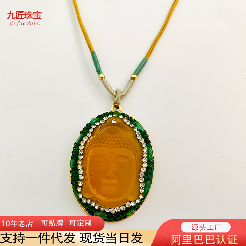 新款琉璃佛头毛衣链个性原创设计复古镶嵌捷克钻项链吊坠厂家批发