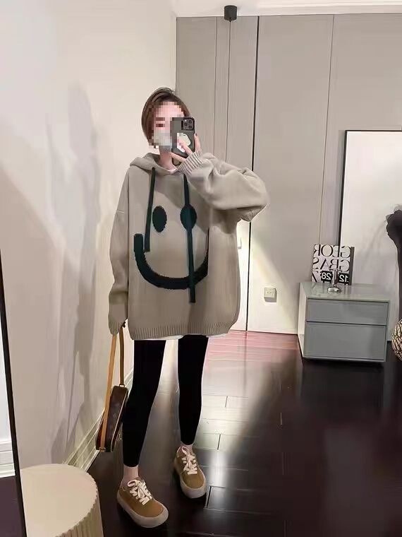 Plus Size Fat Smiley Face Hooded Sweater for Women Autumn and Winter New Korean Style Lazy Style Loose and Versatile Sweater