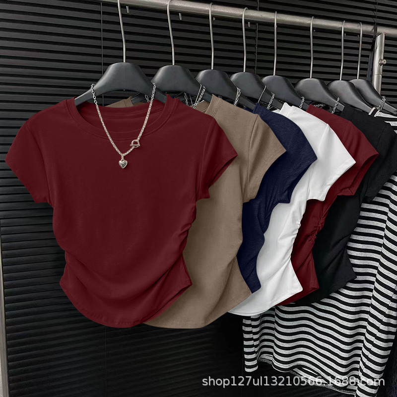 Ribbed Short-Sleeve T-Shirt for Women 2025 New Style Pleated Fashionable Summer Body-Shaping Tummy-Covering Korean Chic Versatile Top Ribbed Short-Sleeve T-Shirt for Women 2025 New Style Pleated Fashionable Summer Body-Shaping Tummy-Covering Korean Chic Versatile Top