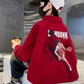 男童春秋冬季加绒卫衣2024新款儿童帅气炸街中大童宽松百搭POLO衫