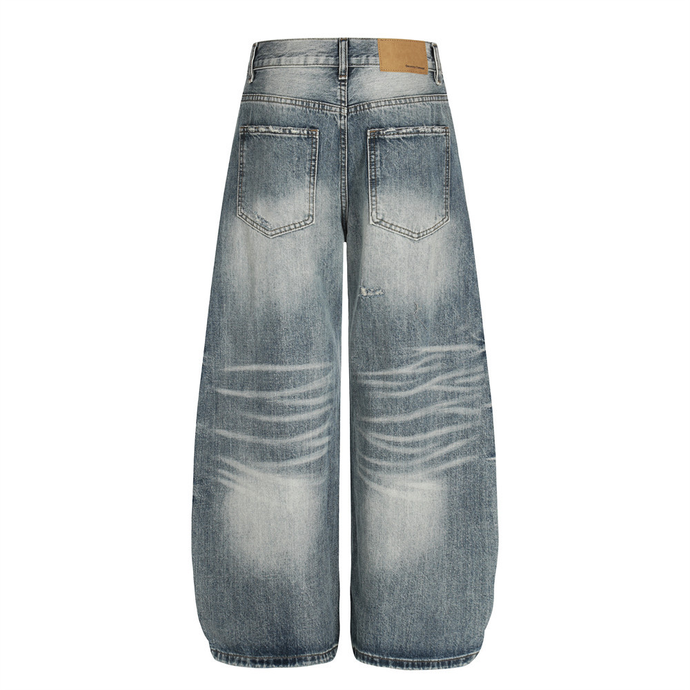 Men's Punk Retro Ripped Washed Jeans High Street Trendy Distressed Chic Wide Leg Pants mid Waist Long Softener Machine Washable_mkmklike.com