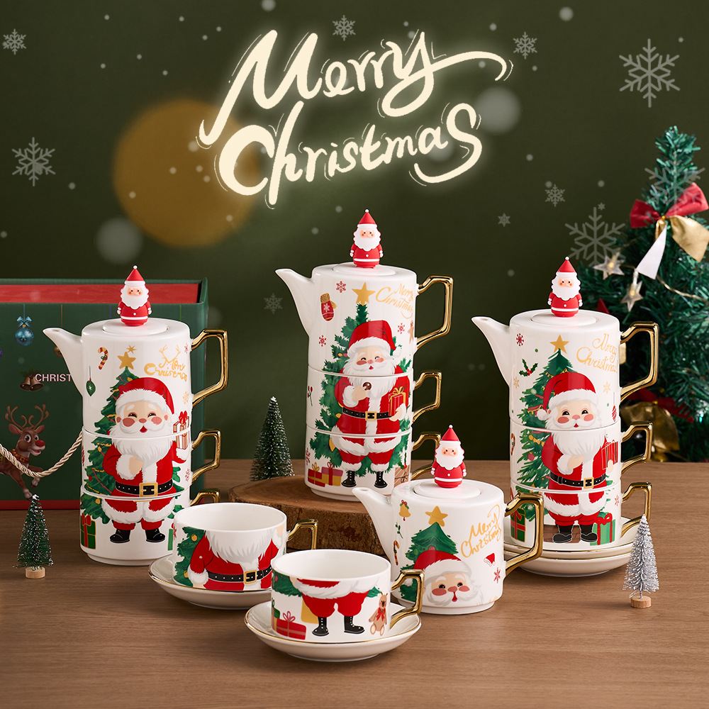 Navidad tetera de cerámica Amazon venta caliente características de Navidad regalos de una olla de dos tazas de tetera chapado en oro conjunto ins