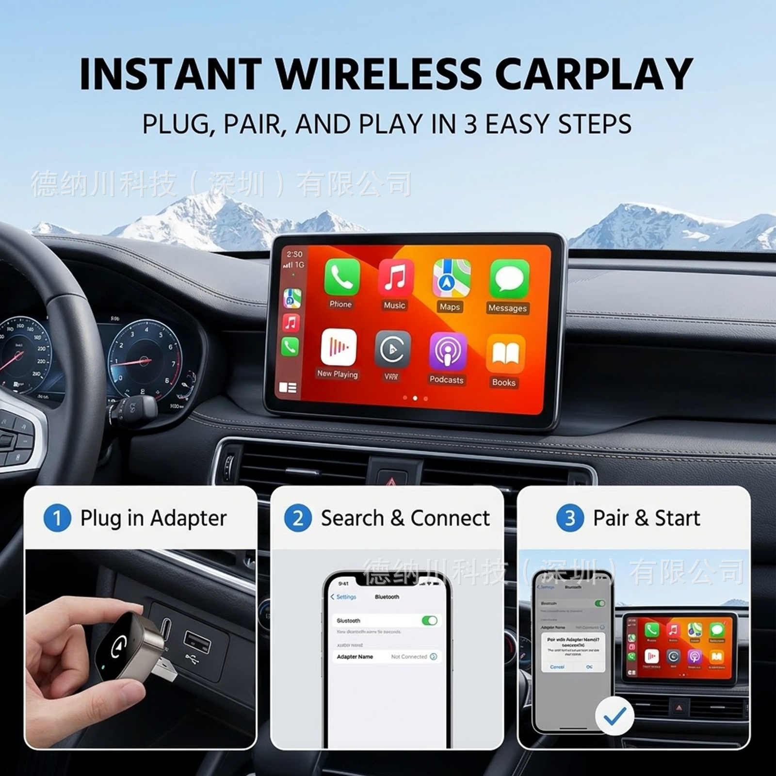 Cross-border wireless CarPlay adapter, compatible with wired connections, for in-car navigation, supporting both Apple and Android devices, dual-mode
