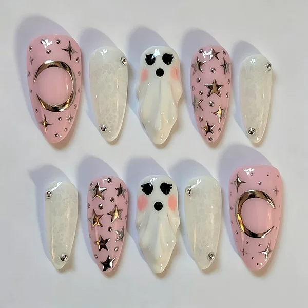 30 Pieces of Cross-Border Halloween 3D Stereo Sweet and Cool Floating Ghost Almond-Shaped Nail Art Pieces with Exquisite Gold-Plated Moon Nail Art Designs