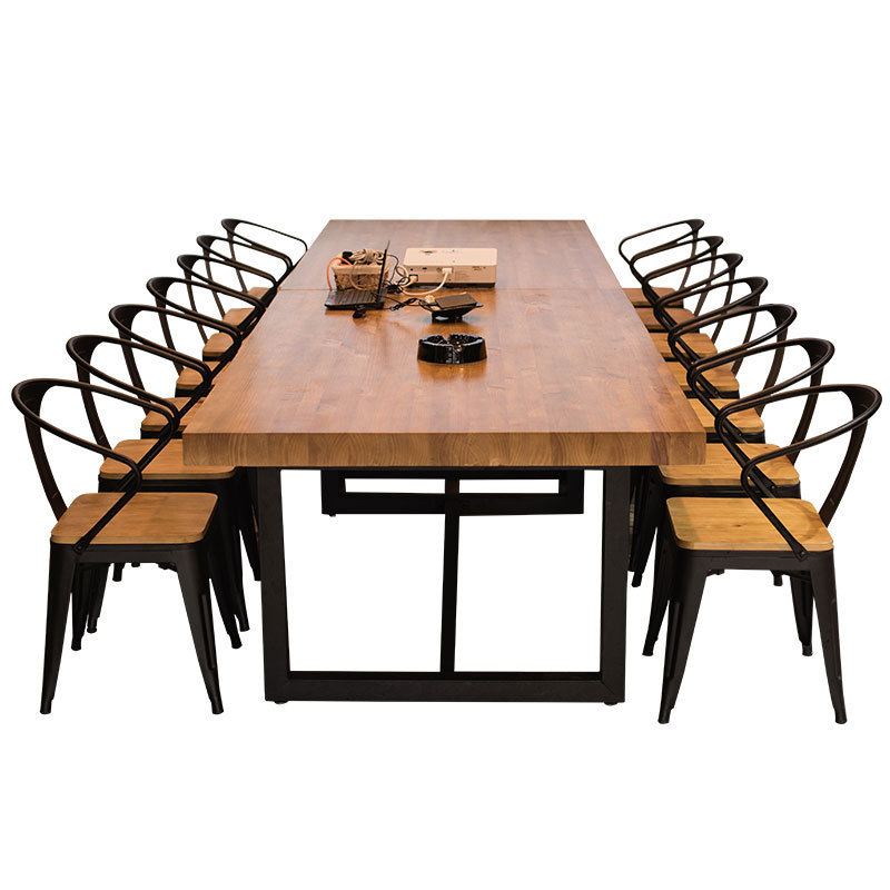 Mesa larga de madera maciza, mesa de oficina moderna y simple, mesa de mesa y silla, mesa de mesa de oficina de viento industrial y silla de negociación