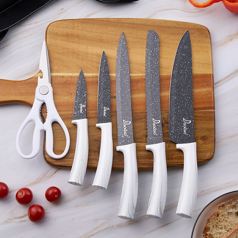 Comercio exterior europeo y americano en stock Yangjiang traje de cuchillo mango de grano de madera 6 piezas cuchillo de cocina conjunto cuchillo con soporte de cuchillo