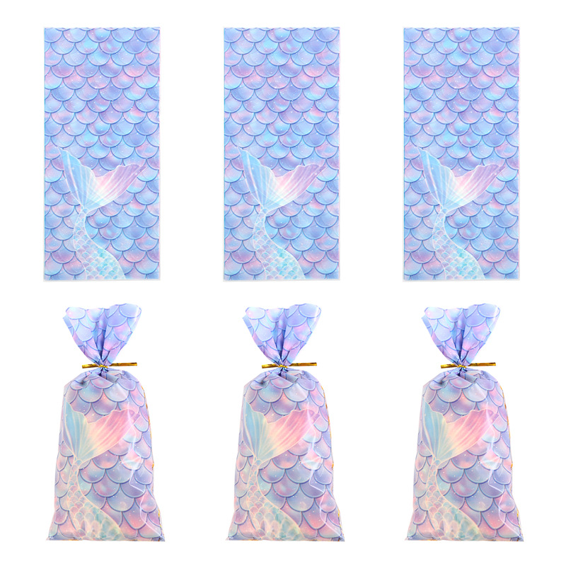 Sirena escala patrón fiesta caramelo bolsa de cordón copo de nieve crujiente bolsa de embalaje corbata bolsa de regalo OPP transparente bolsillo plano