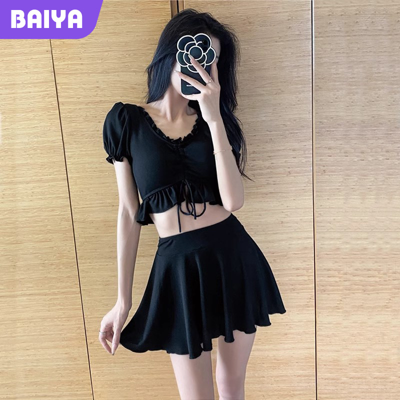 Trajes de baño de mujer de explosión de dos piezas de estilo de falda conservadora delgada Insen sistema de pecho pequeño para reunir trajes de baño de vacaciones de estudiantes