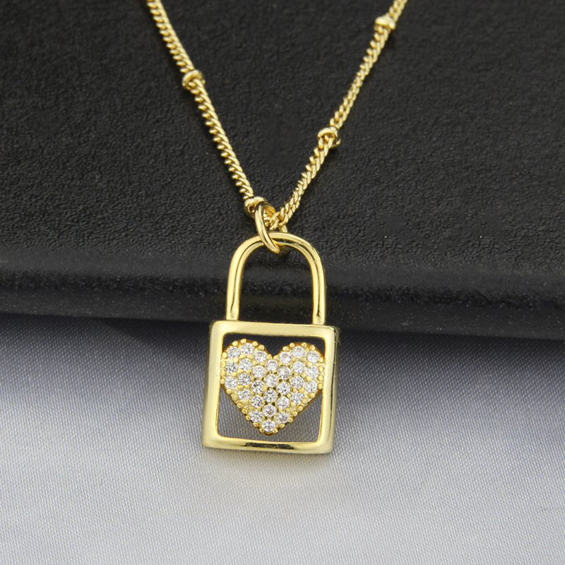 American new inlaid zirconium heart-shaped lock copper necklace