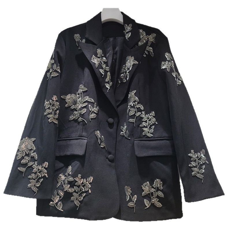 Saco Blazer Mediano con Lentejuelas para Mujer Algodón Poliéster Manga Larga Cuello de Solapa