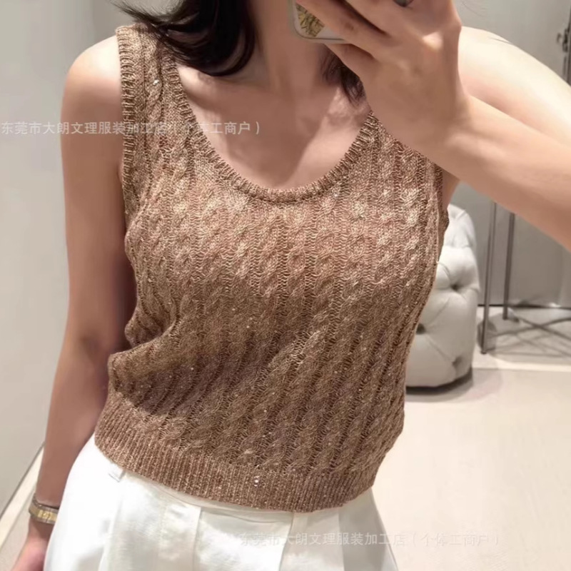 B*C Micro-Glitter Linen Knit Cardigan Hollow-Out Cable Knit Vest Summer Breathable Sleeveless Top