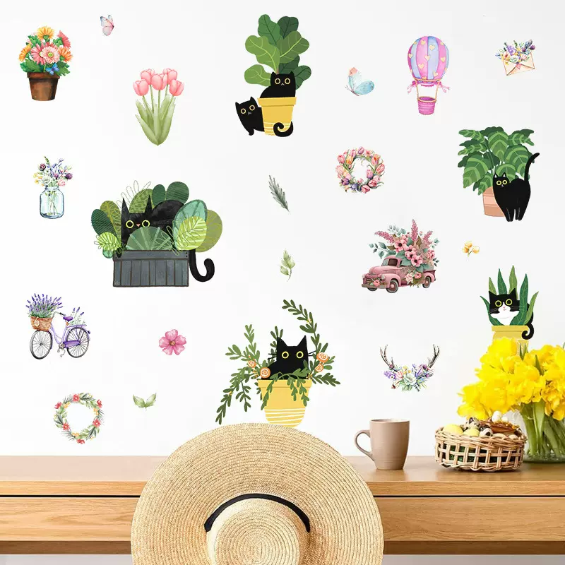 跨境春天夏季卡通可爱黑猫创意墙贴客厅卧室墙面装饰自粘贴纸贴画
