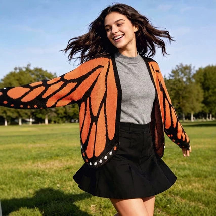 Women's butterfly wing jacquard short knit layered cardigan, V-neck front-open long-sleeve hem sweater Women's butterfly wing jacquard short knit layered cardigan, V-neck front-open long-sleeve hem sweater