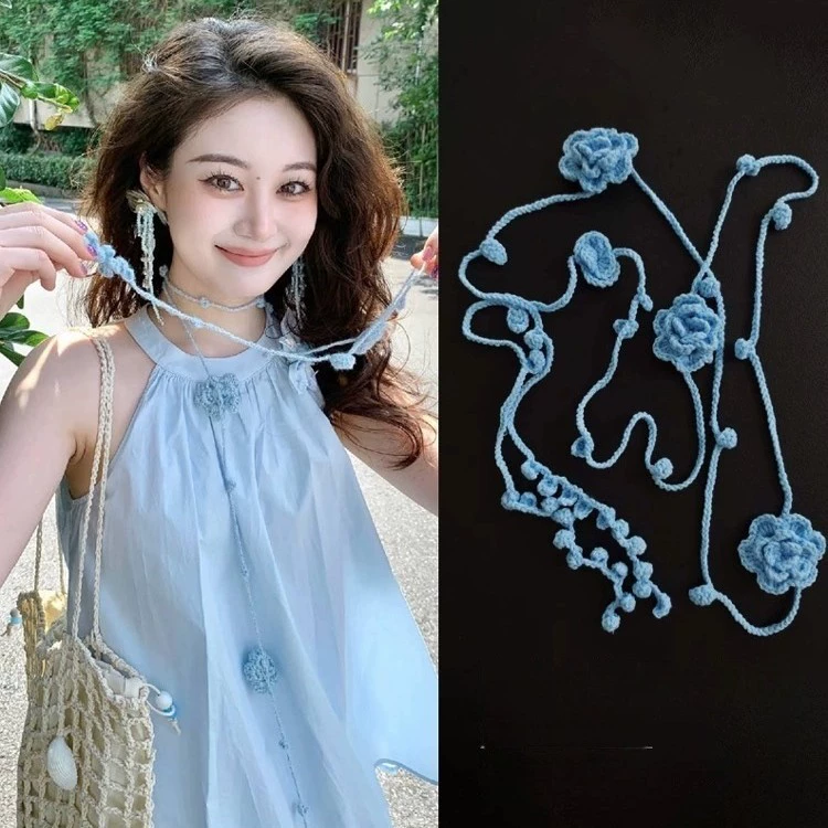 Нишевый вязаный тонкий длинный шарф ручной работы с черной розой, женский шарф y2k, аксессуары для шеи, ожерелье