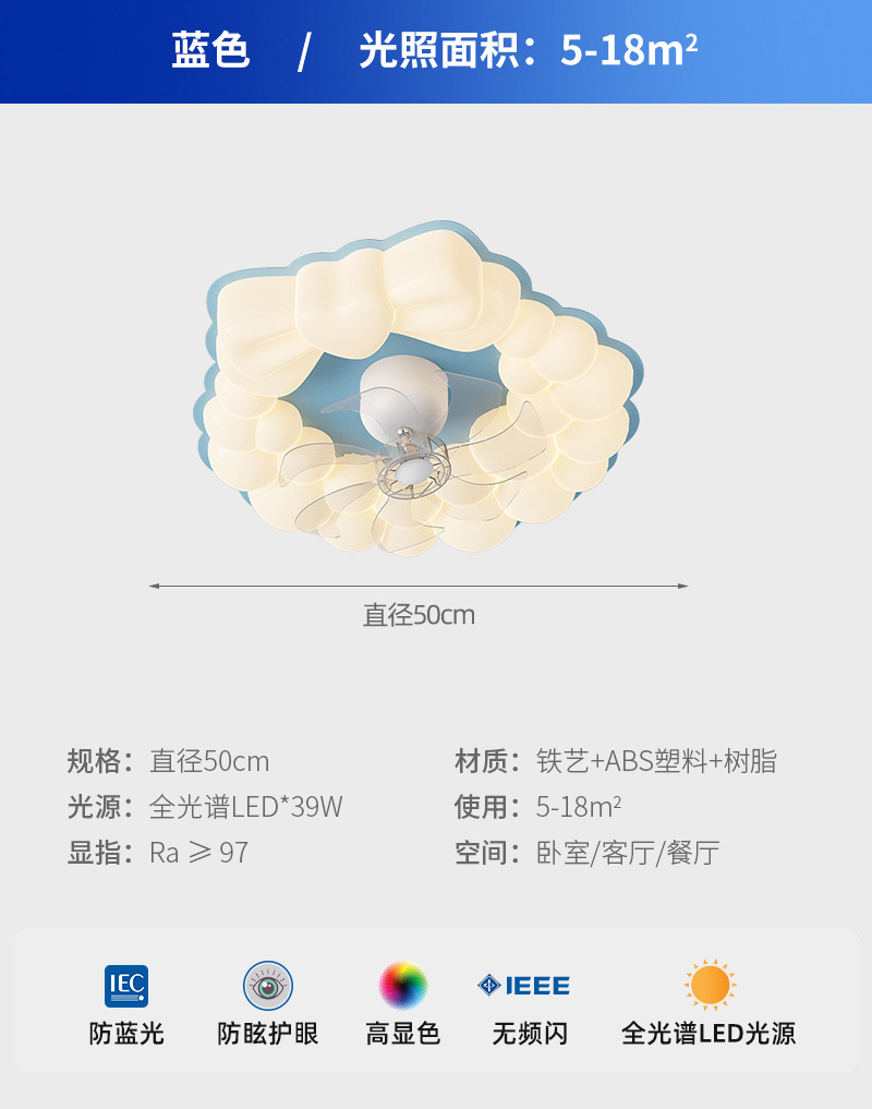 Lámpara de dormitorio, nueva nube, sacudiendo la cabeza, lámpara de ventilador, habitación para niños, espectro completo, protección ocular, ventilador inteligente, lámpara de techo integrada