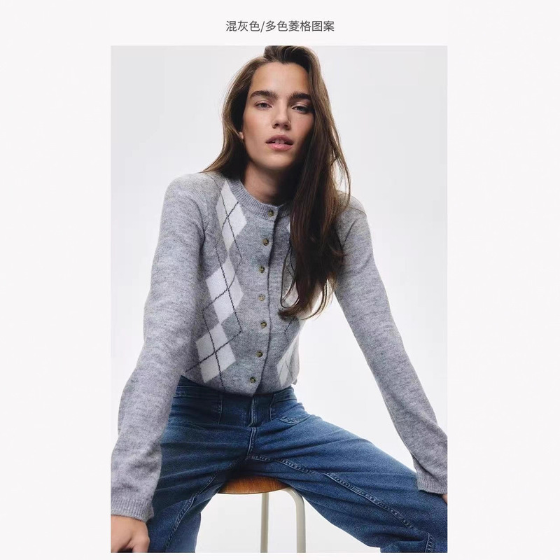 H&M Pure Yuan Autumn/Winter Vintage Argyle Round Neck Wool Cardigan for Women with Intarsia Knit Cashmere Sweater Outerwear