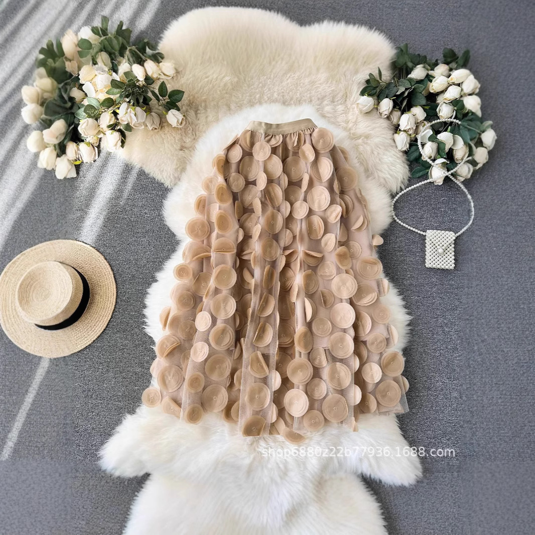 Heavy Industry Three-Dimensional Wave Dot Black Mesh Skirt 2025 New Design Sense Mid-Length Umbrella Skirt