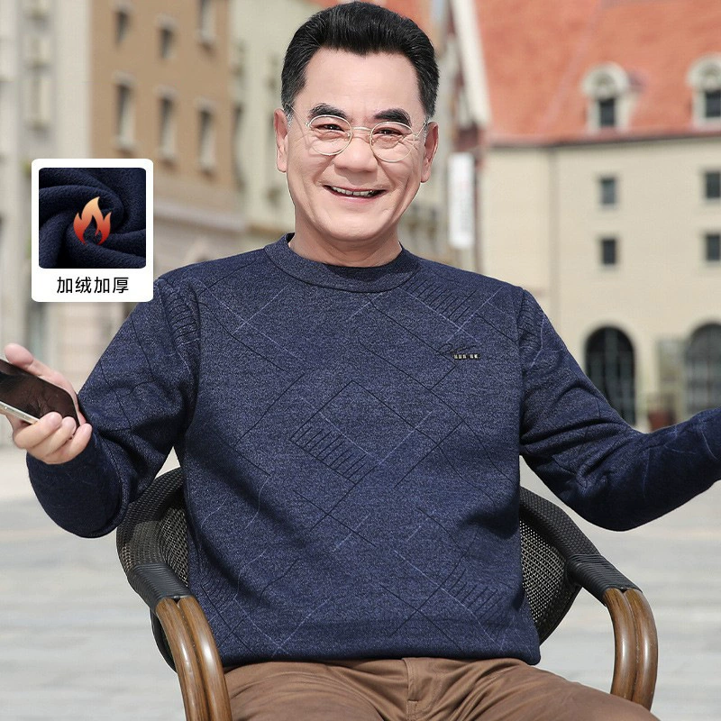 Папа зимний свитер мужской бархатный толстый средний возраст теплый круглый воротник вязаный нижний свитер средний и пожилой дедушка топ