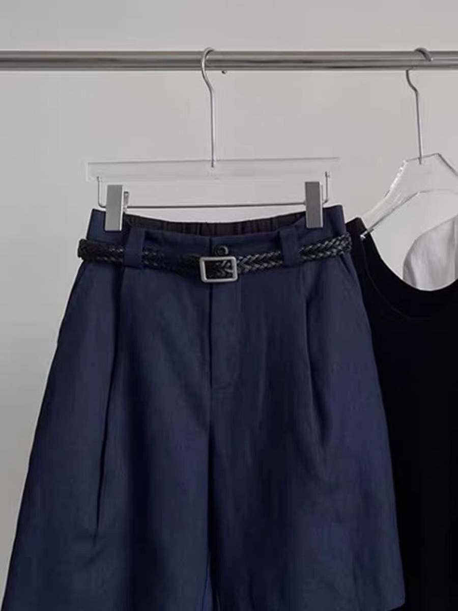 Quần short nữ cạp cao vải lanh cotton mùa hè dáng rộng thoải mái — màu xanh navy