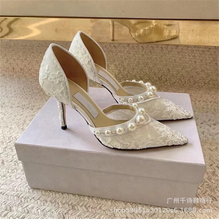 High-End Lace Mesh Pearl Rhinestone High Heels for Women, Thin Heel, Single Strap, Hollow Design, Wedding Shoes for Women