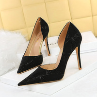 18185-5 European and American style sexy nightclub thin heel super high heel cloth surface shallow mouth pointed side cut-out high heel shoes single shoe