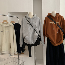 欧玛莱 英文字母印花加绒加厚连帽宽松长袖中长款套头卫衣女 5277