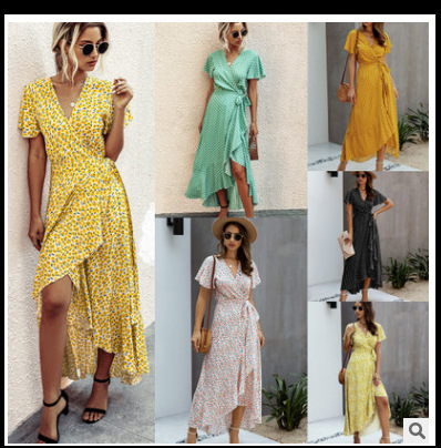 Amazon Hot Selling 2022 Summer Fashion Polka Dot Sexy V-Neck Ruffle Short Sleeve Women's Dress Wholesale