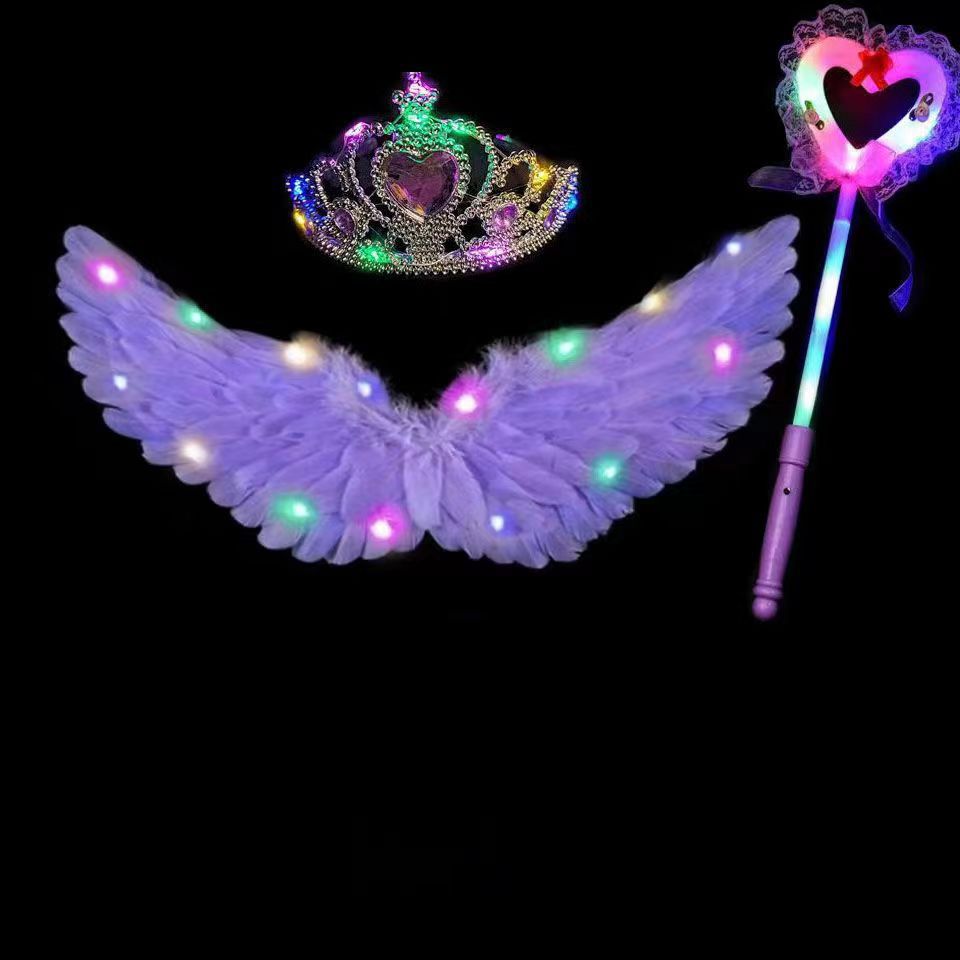 Alas de plumas luminosas moradas + Corona de luz + palo de encaje