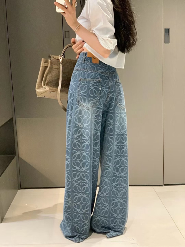 LO*WE蓝色印花复古牛仔裤女春秋高腰宽松直筒阔腿长裤子2025新款|undefined