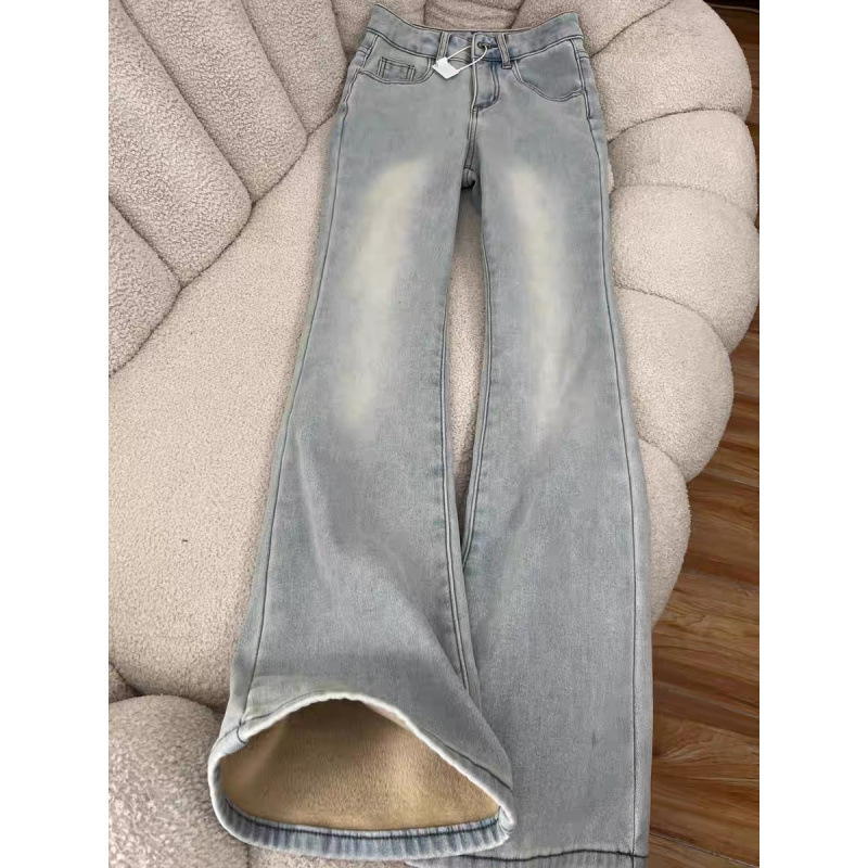 Light Blue Fleece-Lined Micro-Flared Jeans for Women in Autumn and Winter New Style High-Waisted Elastic Slimming Look Versatile Horseshoe Pants Long Pants
