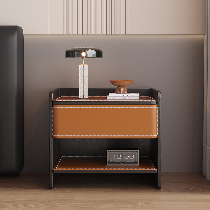 Mesita de noche de hotel de madera maciza simple B&B sillín de cuero gabinete de almacenamiento para dormitorio mesita de noche de hotel de lujo ligero de madera maciza sin pintura